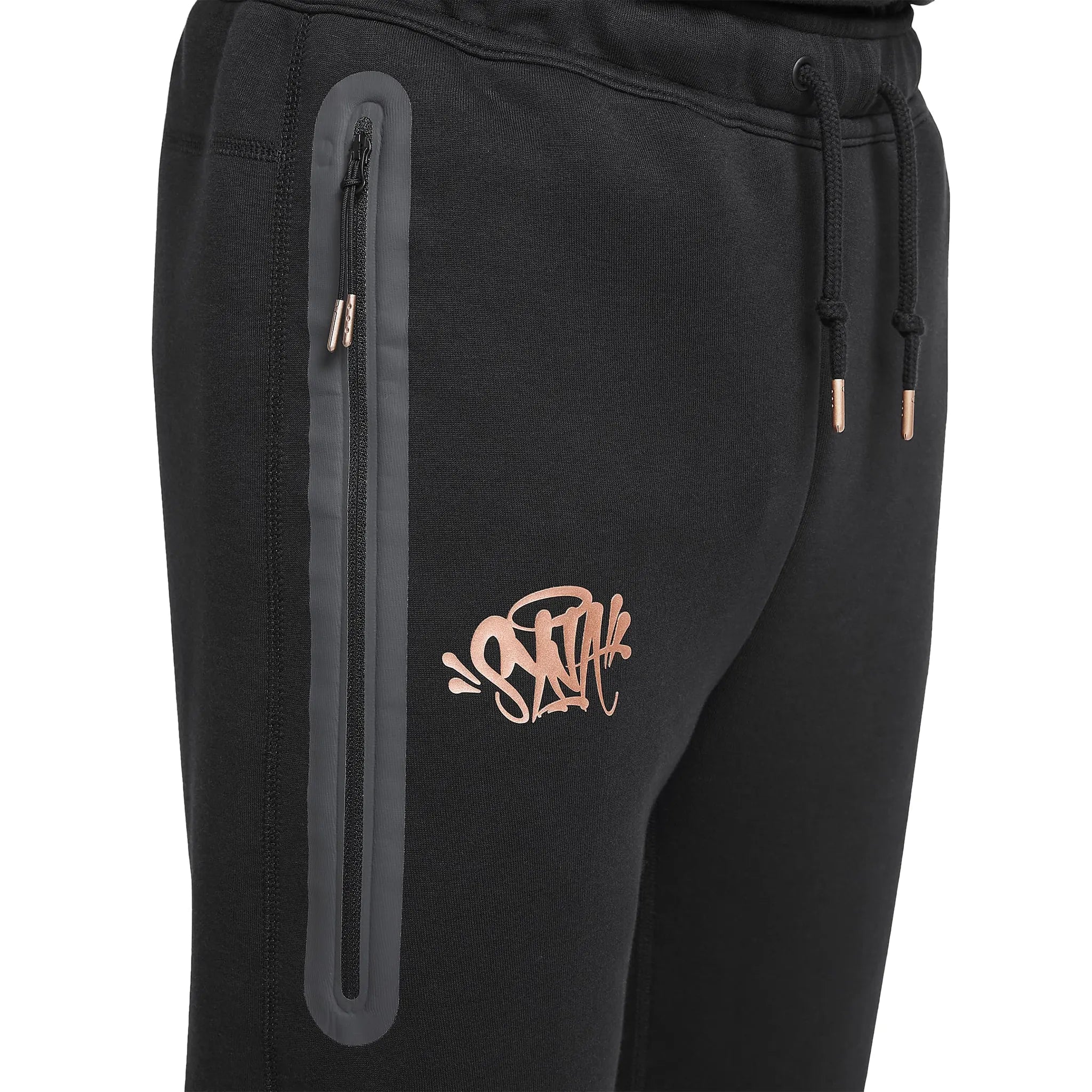 Model pants detail view of Syna World x Nike Central Cee Tech Fleece Black Tracksuit HQ3748-010 | HQ3749-010